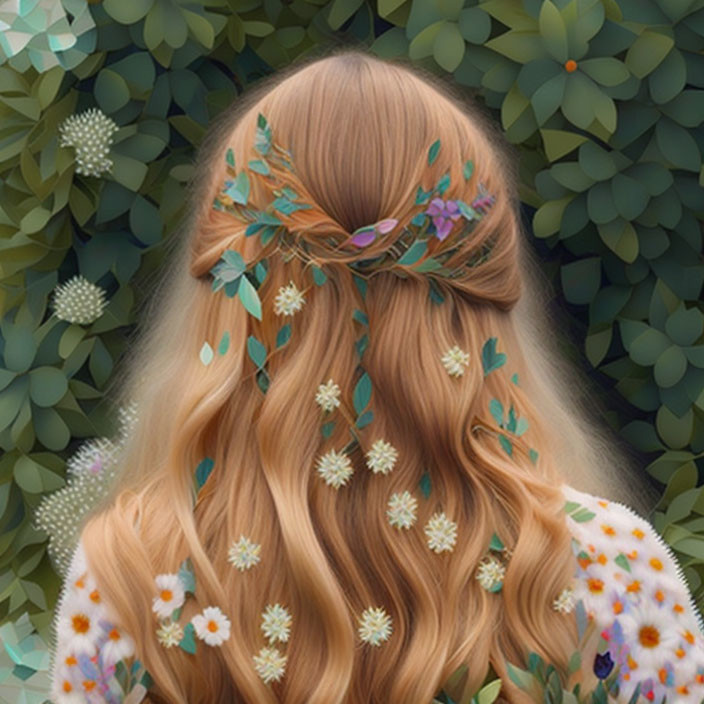 Blonde woman with wavy hair and floral headpiece in lush foliage