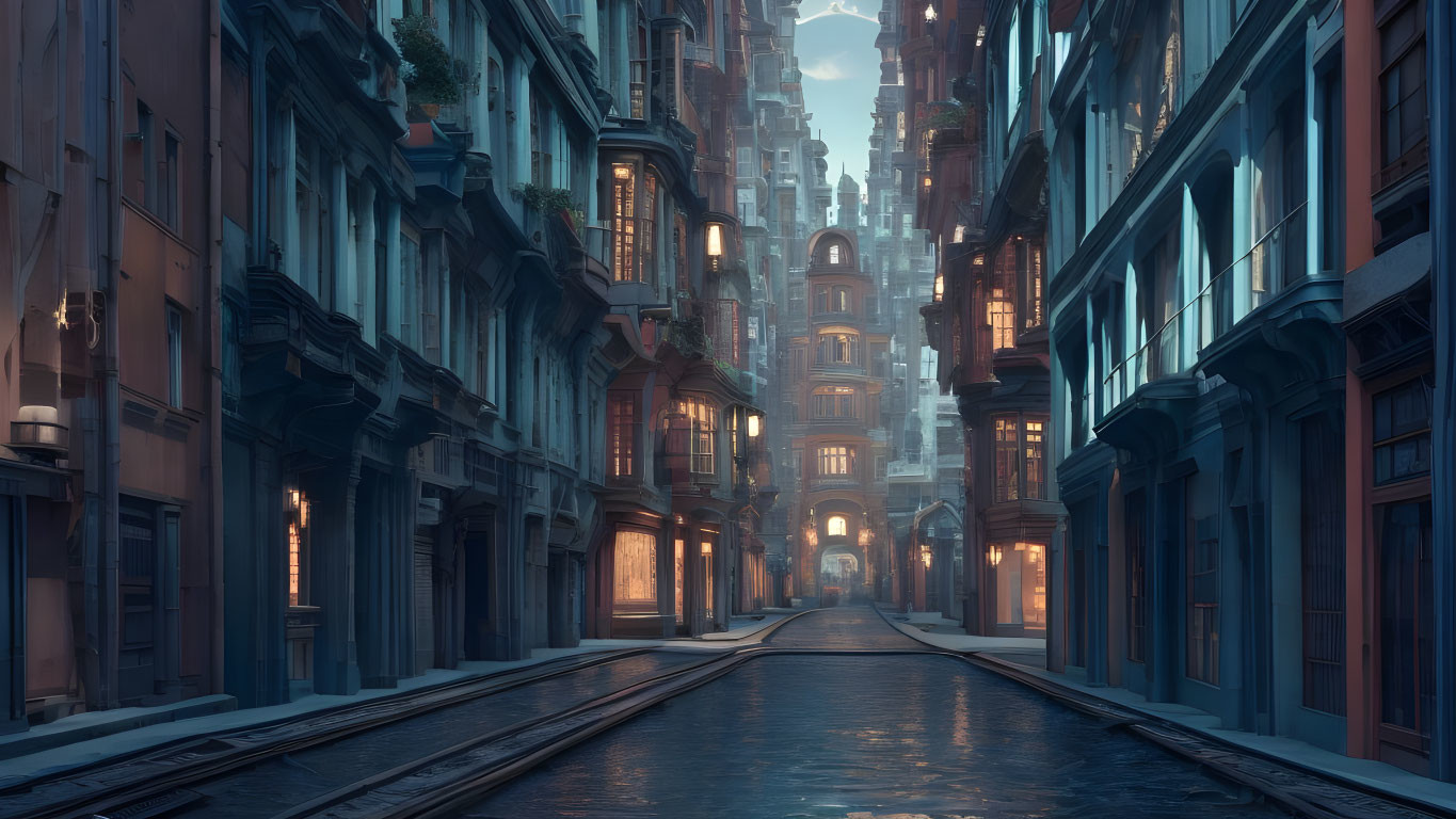 Vintage-style buildings on deserted urban street at twilight