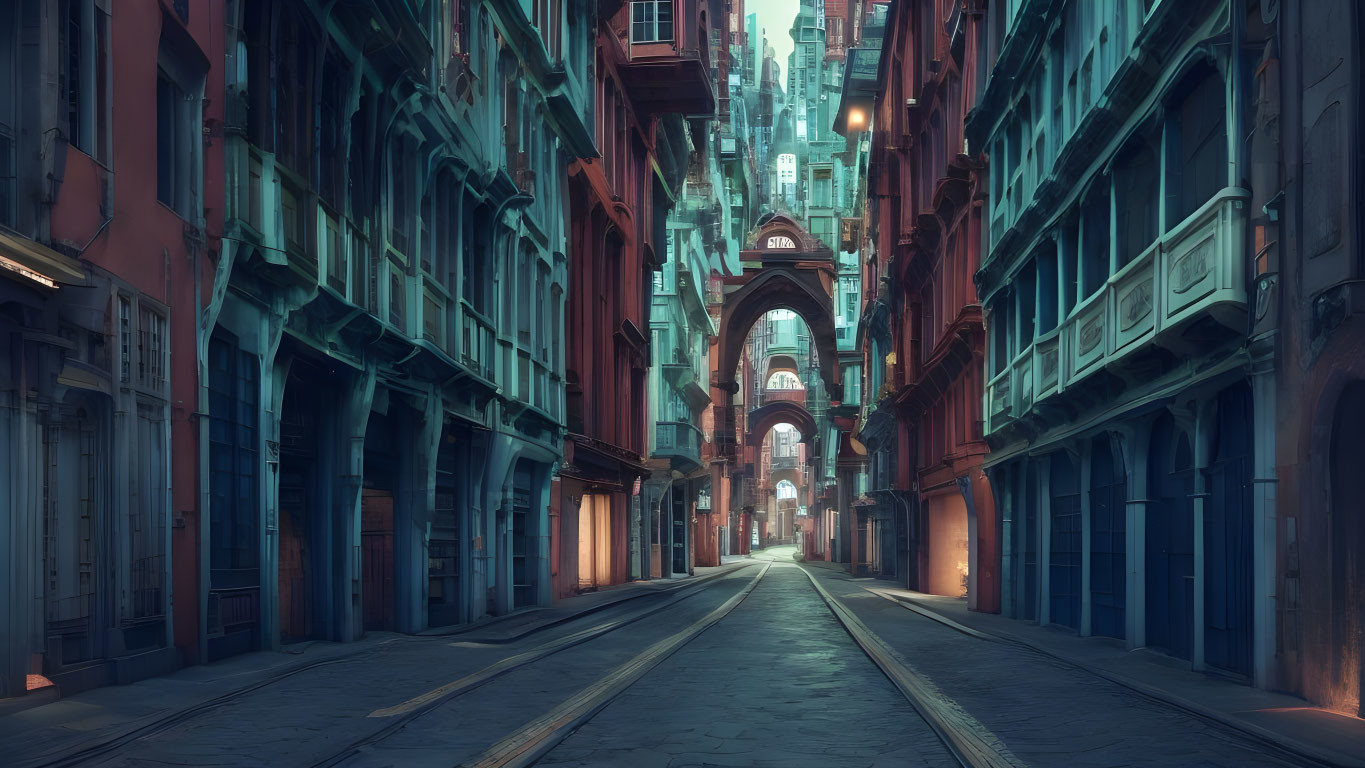 Deserted Twilight Street with Vintage Buildings and Arched Passageways