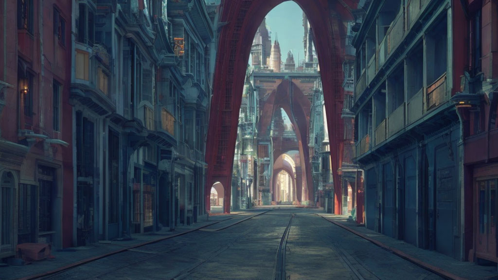 Deserted narrow street with old buildings in ancient city at twilight