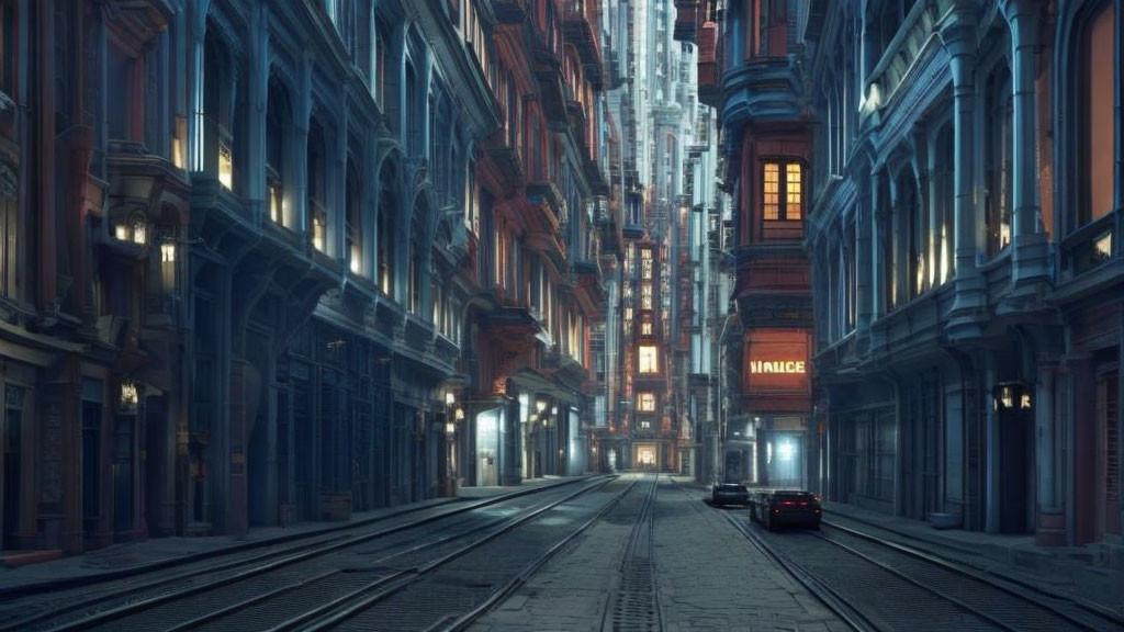 Dimly Lit Dusk Street with Classic Architecture and Parked Car