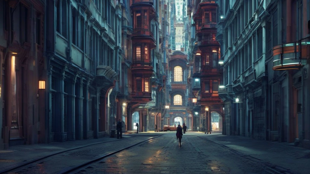 Person walking on tram tracks between tall, ornate buildings at night