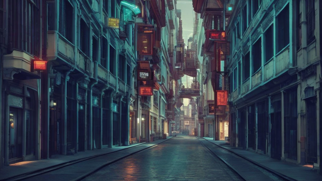 City alley at dusk with cobblestones, vintage buildings, and red lanterns