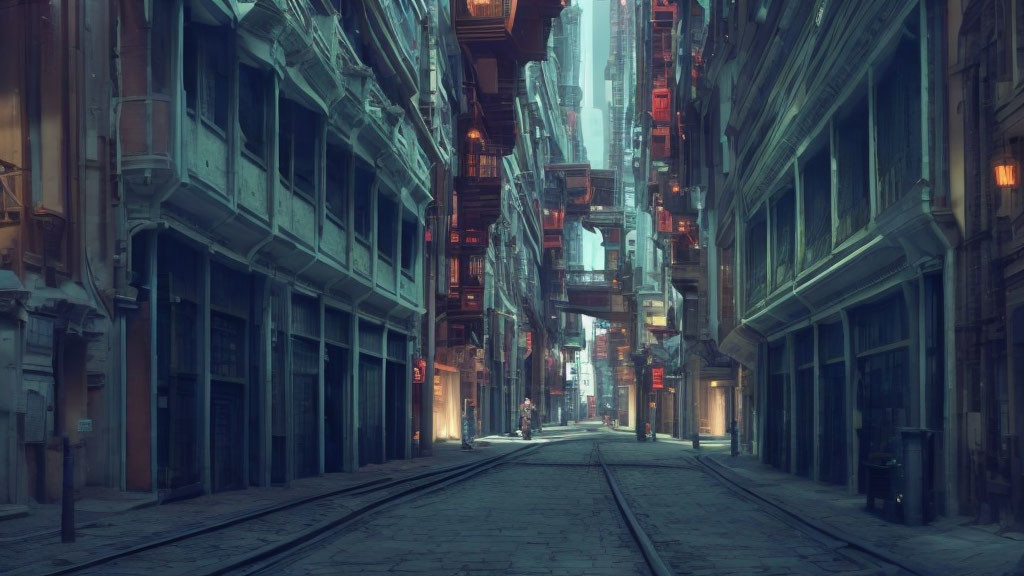 Weathered buildings and neon signs in urban alley with tram tracks.