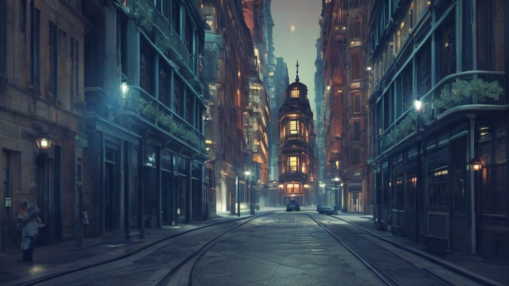 Dimly lit urban street at twilight with vintage architecture and lone pedestrian