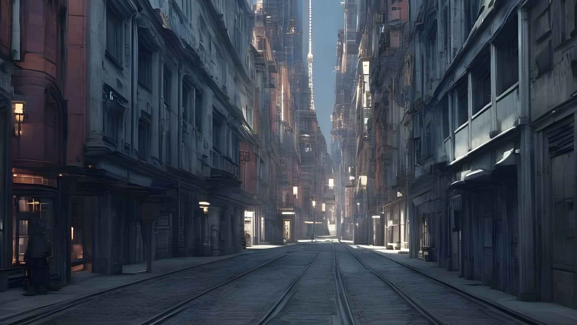 Sunlit Urban Street with Tram Tracks and High Buildings in Empty Cityscape