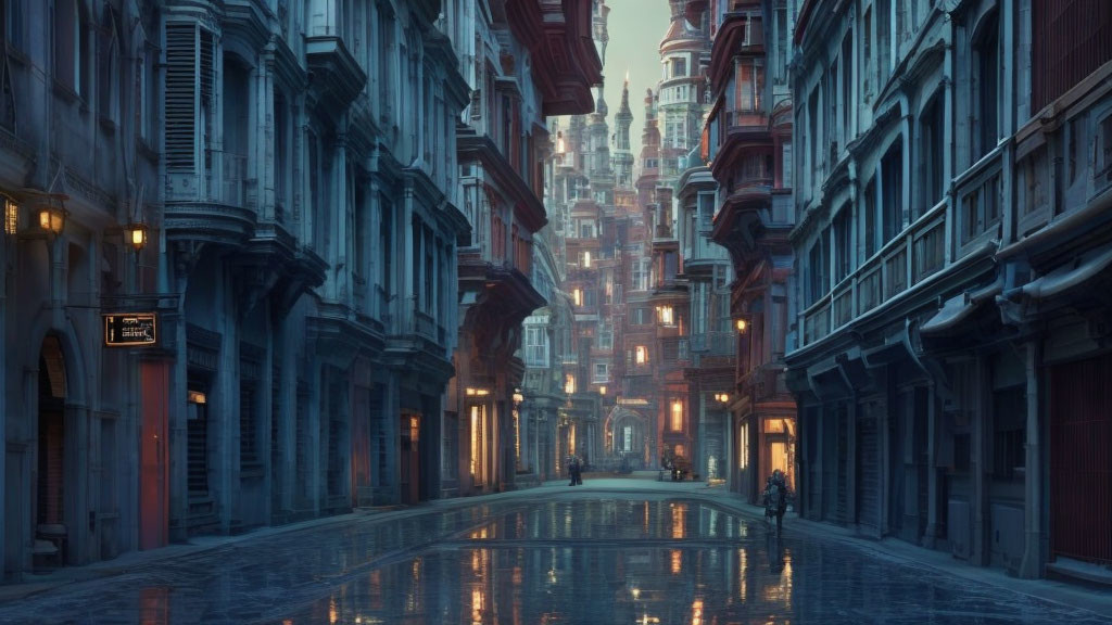 Historic city street with tall buildings and wet cobblestone road at dusk or dawn