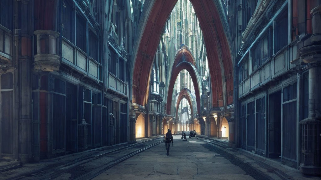 Grand Gothic corridor with towering arches and natural light.