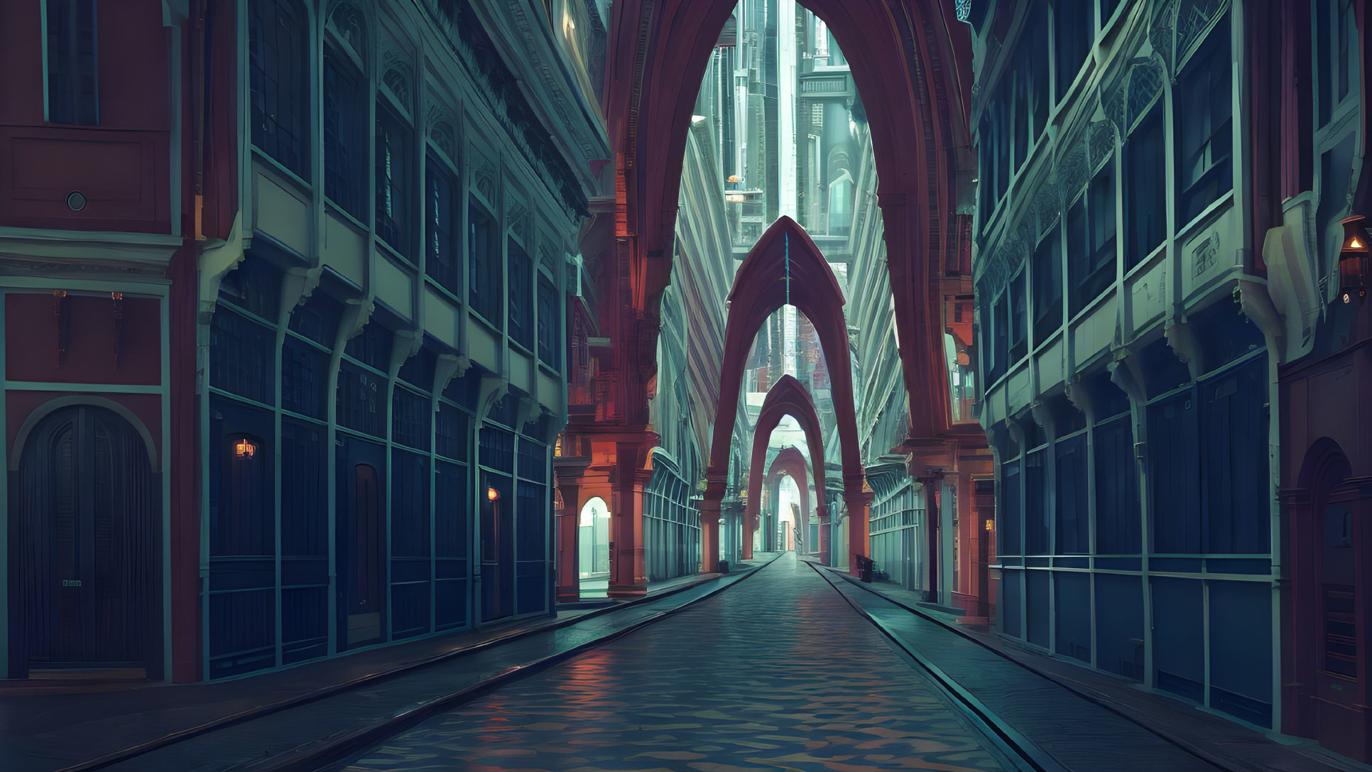 Gothic-style hall with arched ceilings and railway track