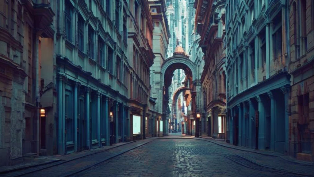 Twilight scene of deserted cobblestone alley with illuminated windows