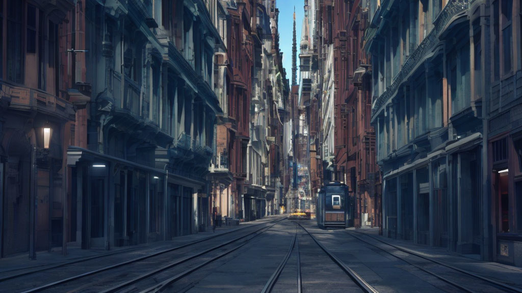 Tram lines and old buildings in serene cityscape at twilight.