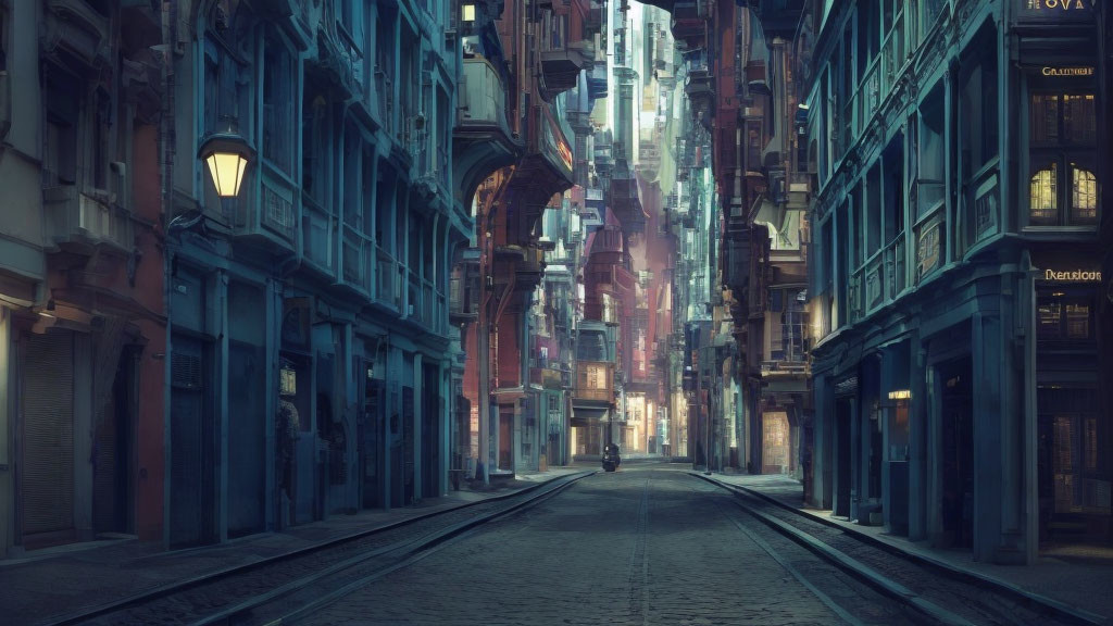 Vintage urban street with tram tracks and solitary figure