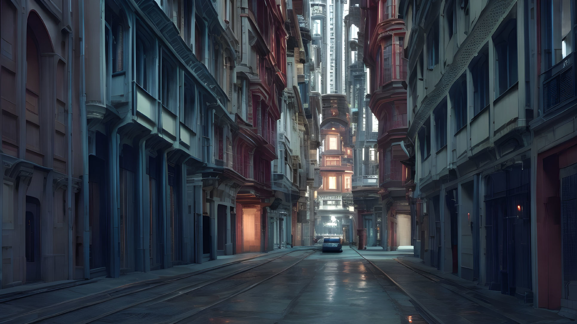 Deserted urban street at dusk with traditional buildings and modern skyscrapers.