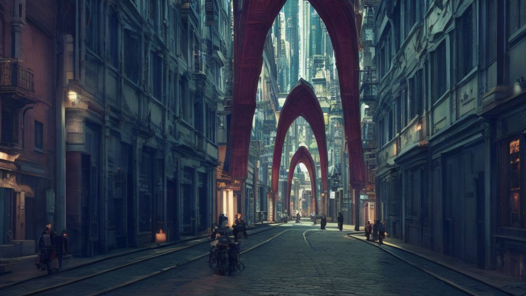 Urban street scene at dusk with red archway, towering buildings, people, and motorcyclist.