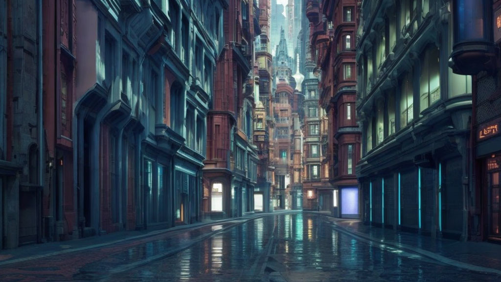 Deserted futuristic city street at dusk with tall buildings and wet ground reflections.