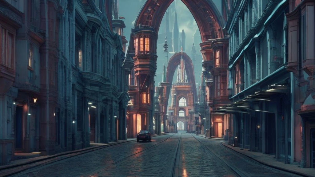 Historic buildings and cobblestone road under ornate archway at twilight