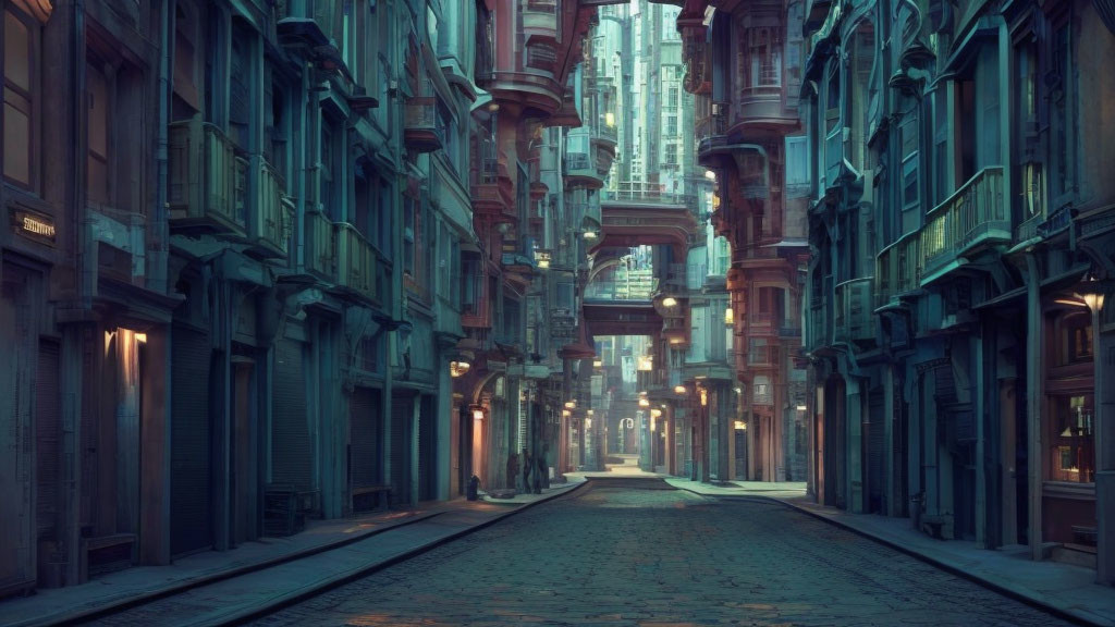 Narrow cobblestone street at twilight with ornate buildings