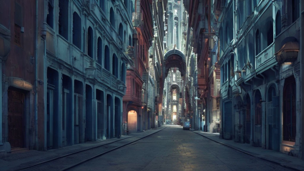 Vintage urban alley with tram tracks and ornate building in dim lighting