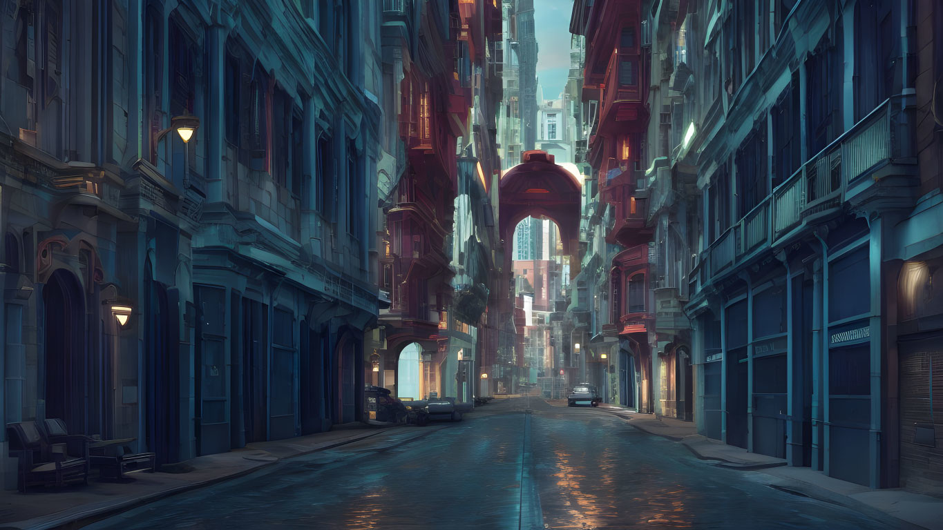 Futuristic cityscape: deserted street with neon lights