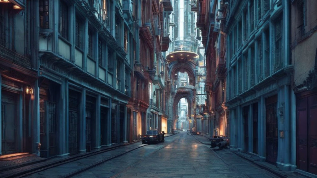 Old Buildings and Futuristic Tower in Twilight Street Scene