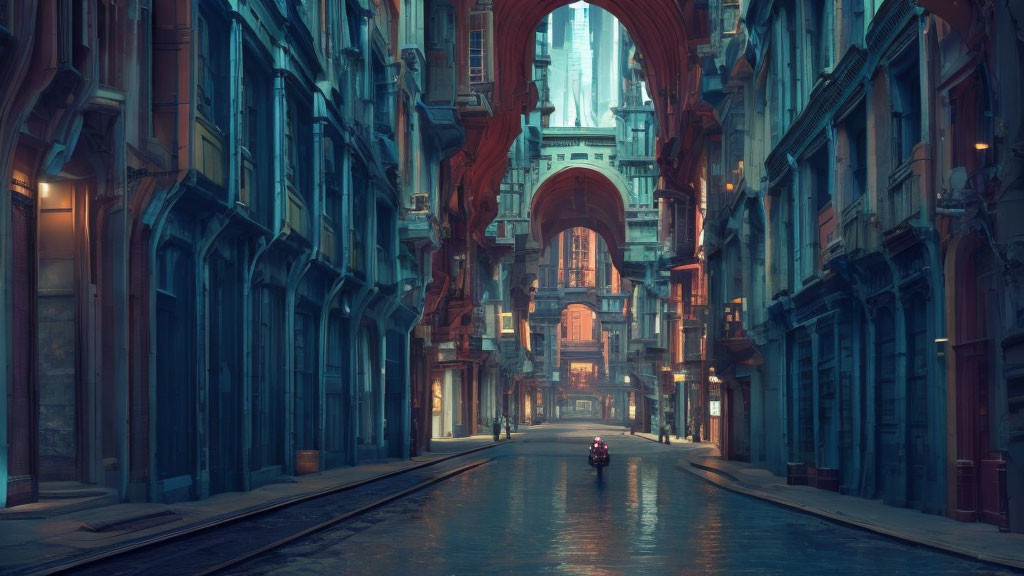 Solitary figure in narrow water-filled street with ornate buildings