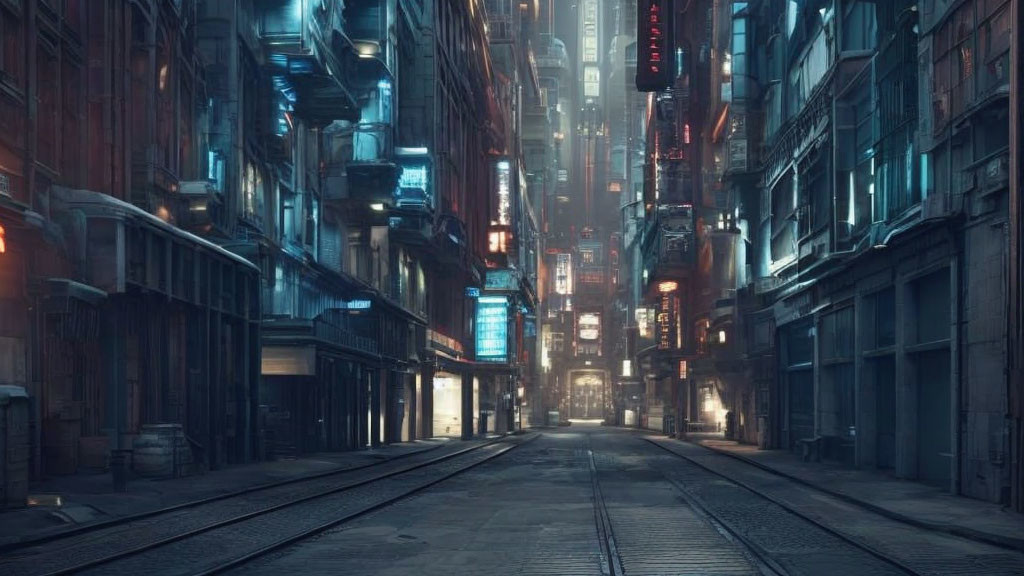 Futuristic city alley with neon signs, towering buildings, and tram tracks at night