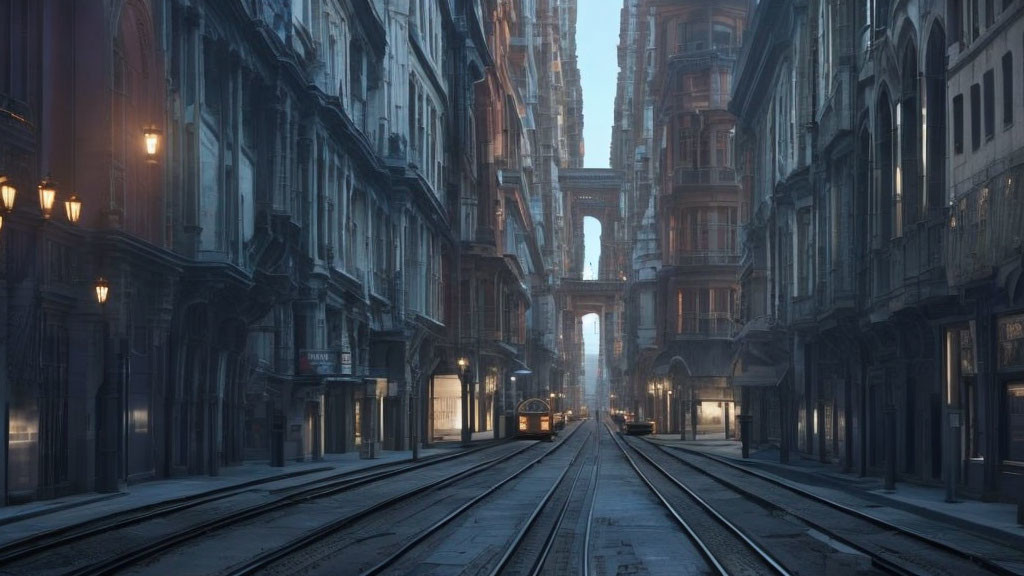 Historical urban street with tram tracks and archway at dawn or dusk