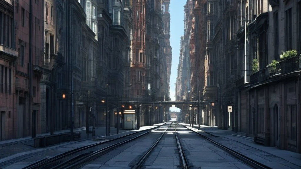 Empty urban street with tram tracks and classic architecture under clear blue sky