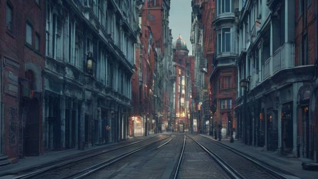 Desolate urban street at dusk with tram rails and old buildings under overcast sky