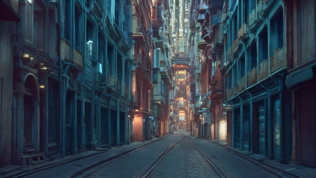 Aged buildings and tram tracks in dimly lit alley