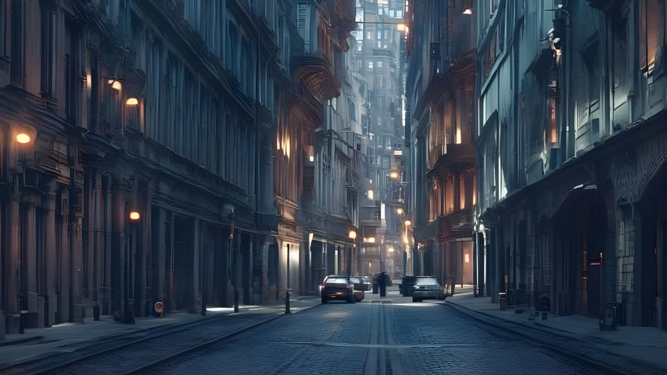 Vintage architecture and street lamps illuminate a dim city street at dusk