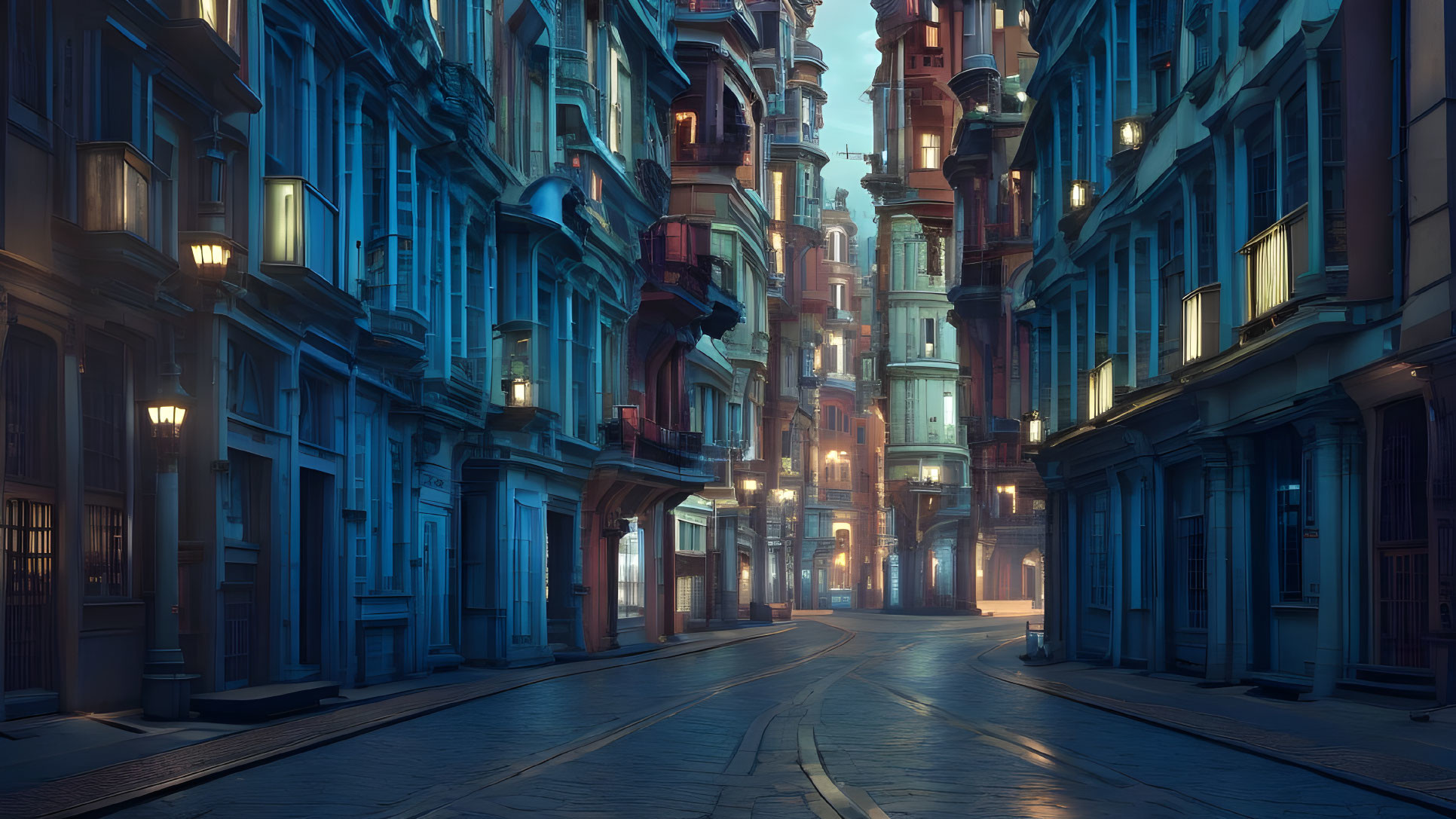 Twilight scene: dimly lit cobblestone street with ornate buildings