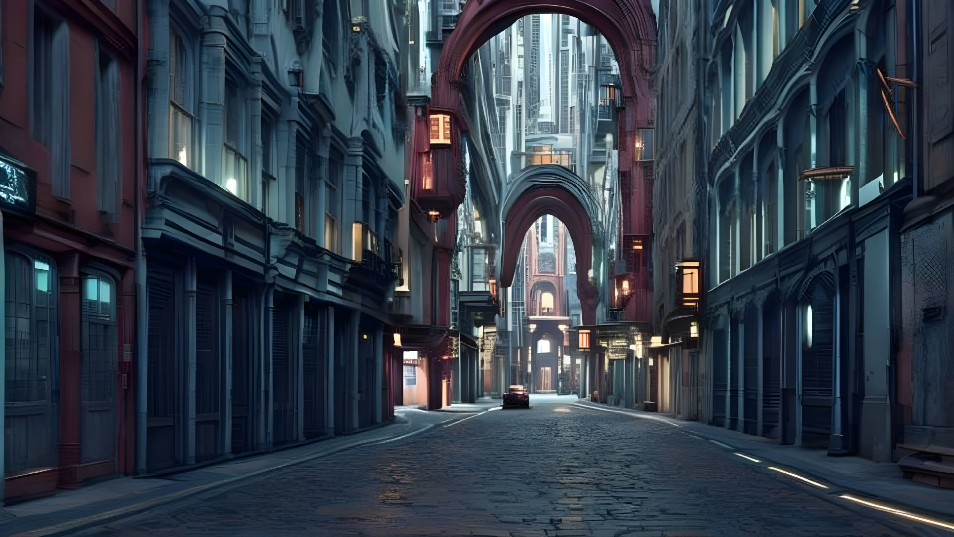 Gothic-style buildings on dimly-lit cobblestone street