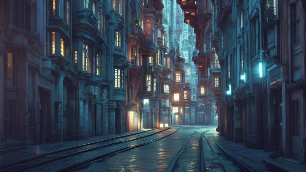 Futuristic city street at dusk: neon lights, tall buildings, tram tracks