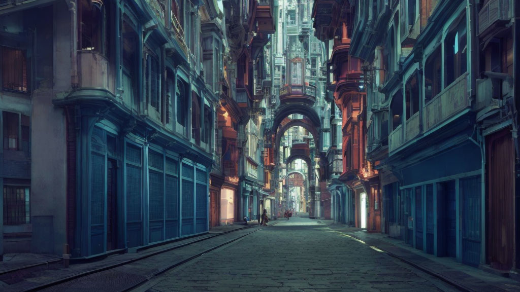 Historic alley with old buildings under twilight sky