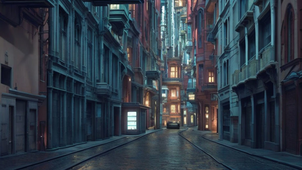 Serene urban alley at twilight with aged buildings and tram rails