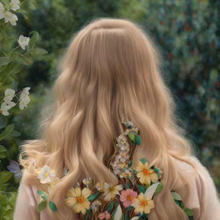 Blonde Person with Wavy Hair and Flowers in Greenery