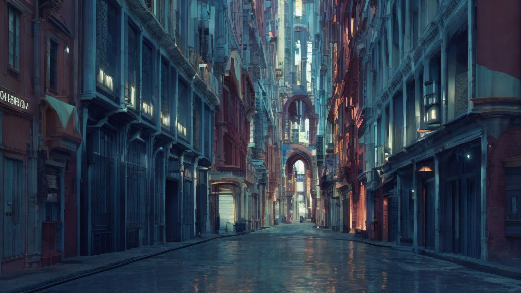 Historic cobblestone street with tall buildings under twilight sky