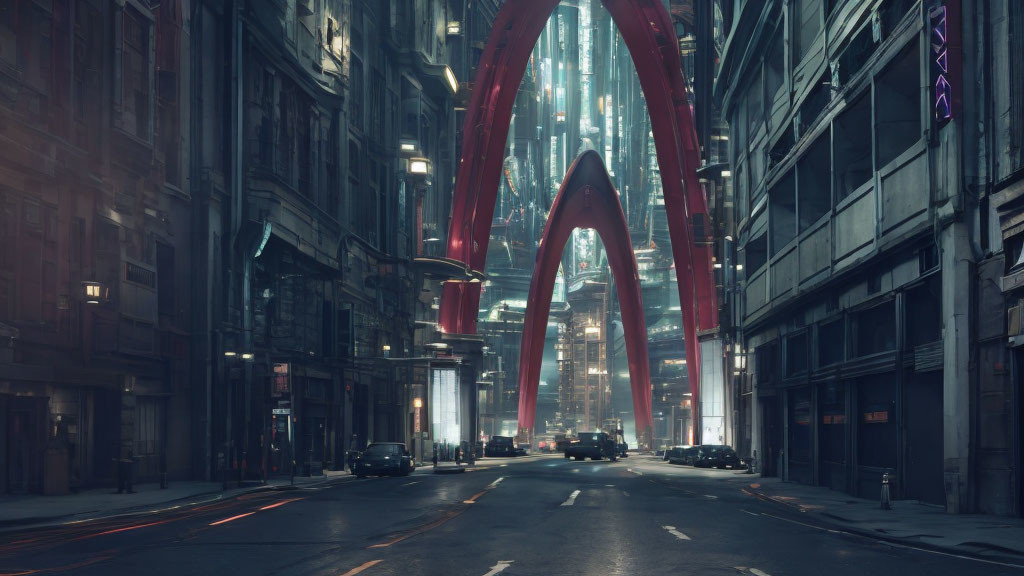 Futuristic city street at dusk with towering buildings and large red arch structure.