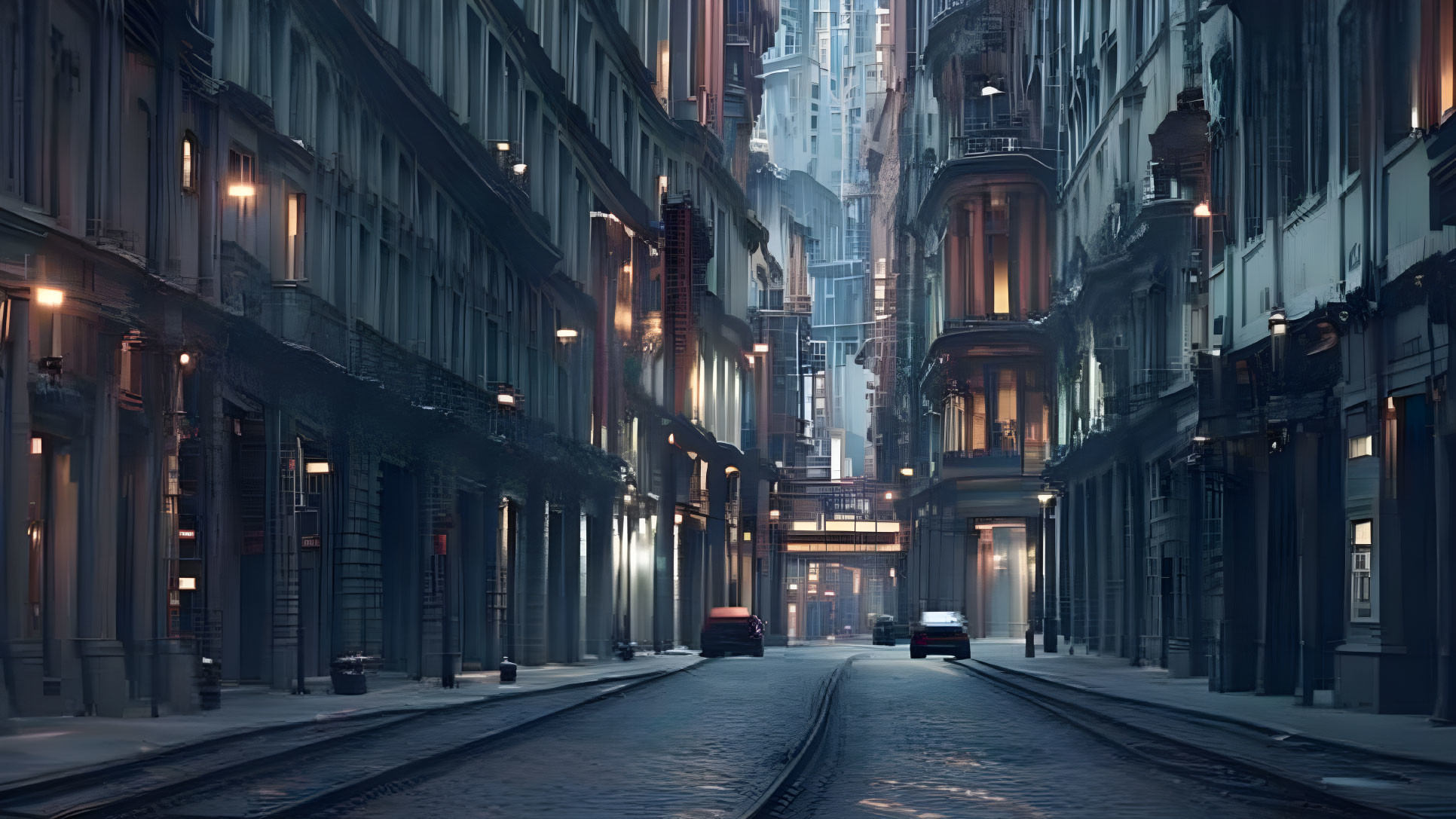 Vintage architecture and street lights on deserted urban street at dusk.