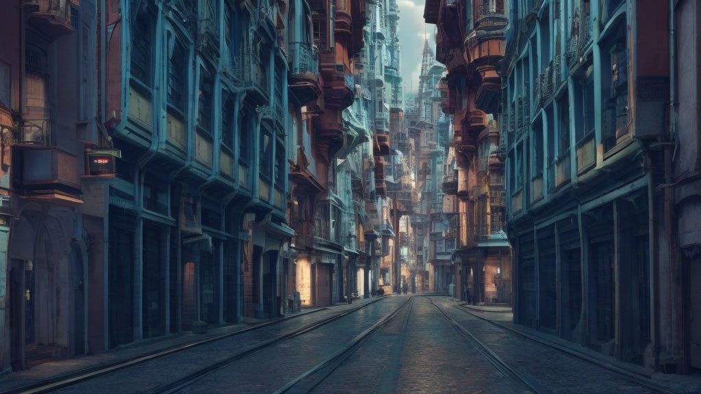 Weathered buildings in narrow city alley with tram tracks and balconies at dawn