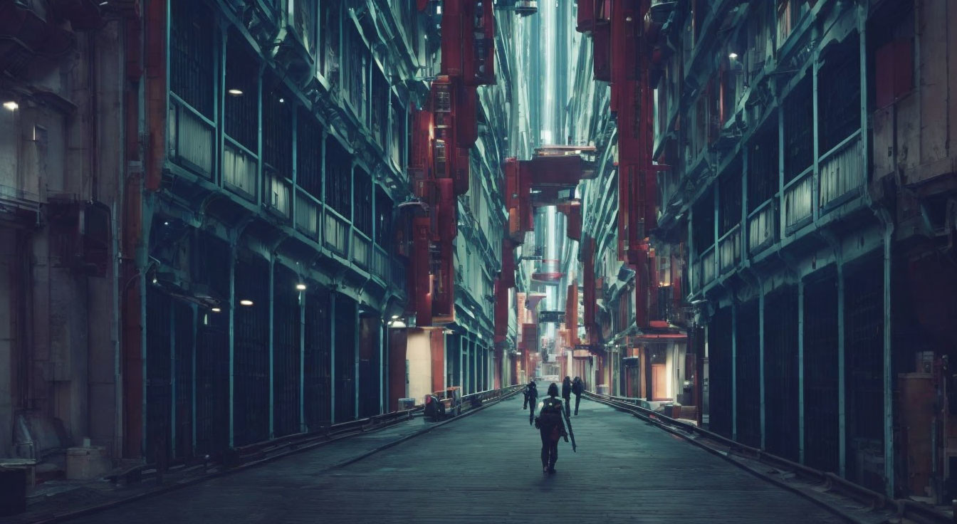 Futuristic corridor with tall metal structures and blue lighting