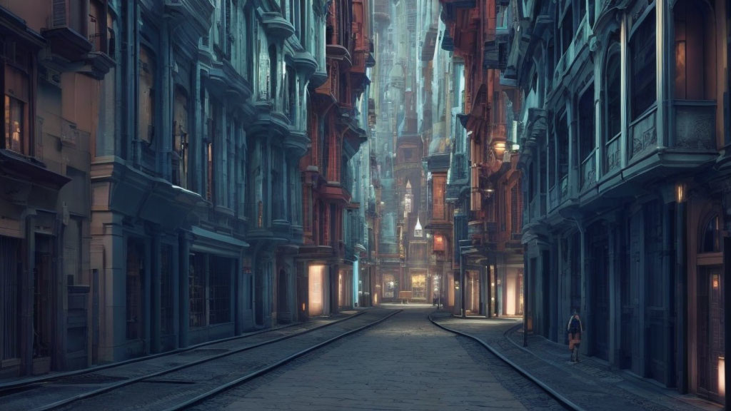 Historic cobblestone street at dusk with tram tracks and old-style buildings