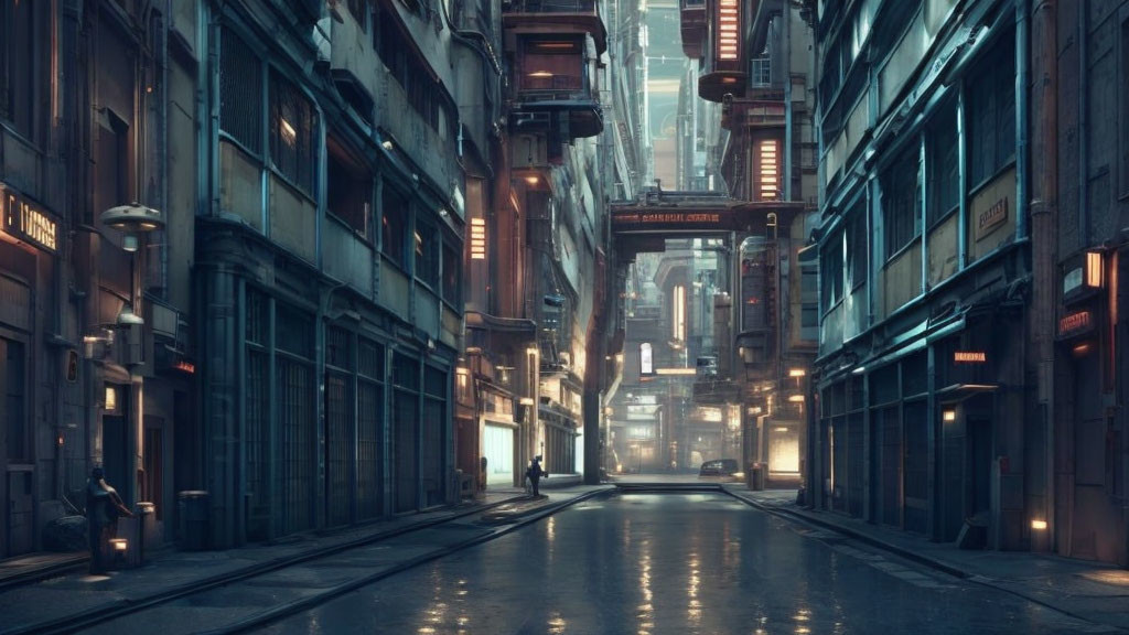 Futuristic alley with neon signs and elevated walkways