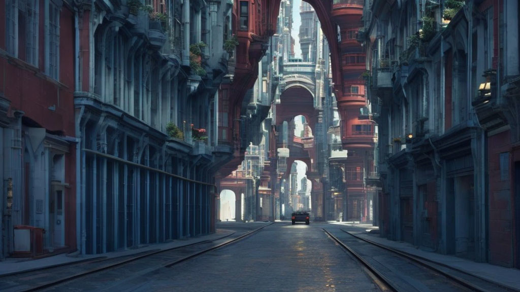 Futuristic city street with tall buildings and car under overcast sky