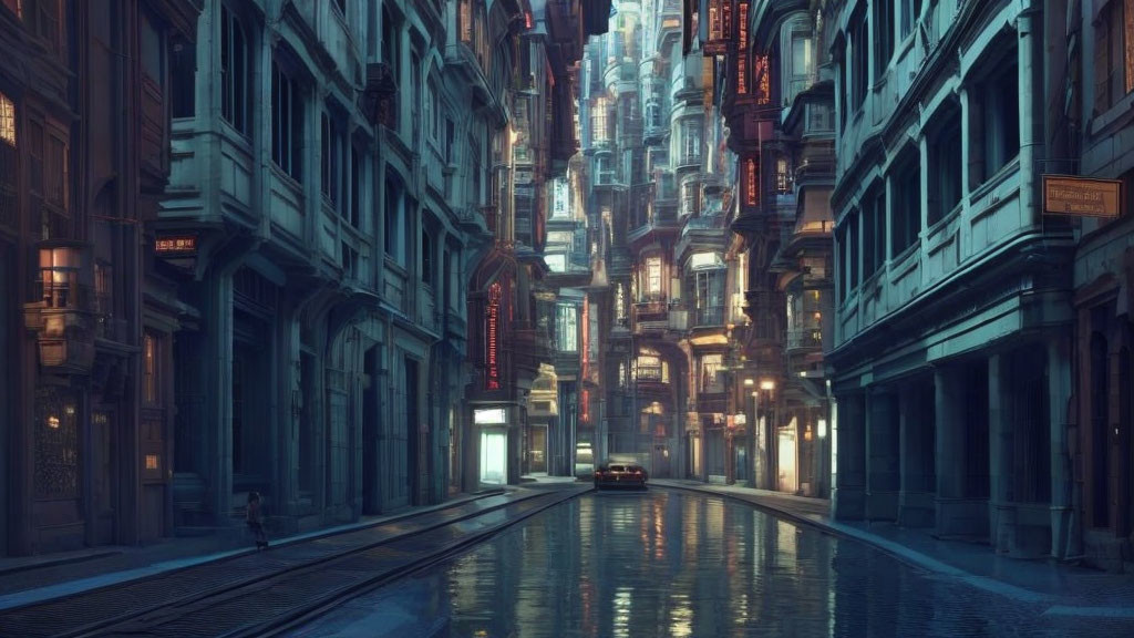 Futuristic city street with tall buildings, glowing windows, car, wet pavement at twilight