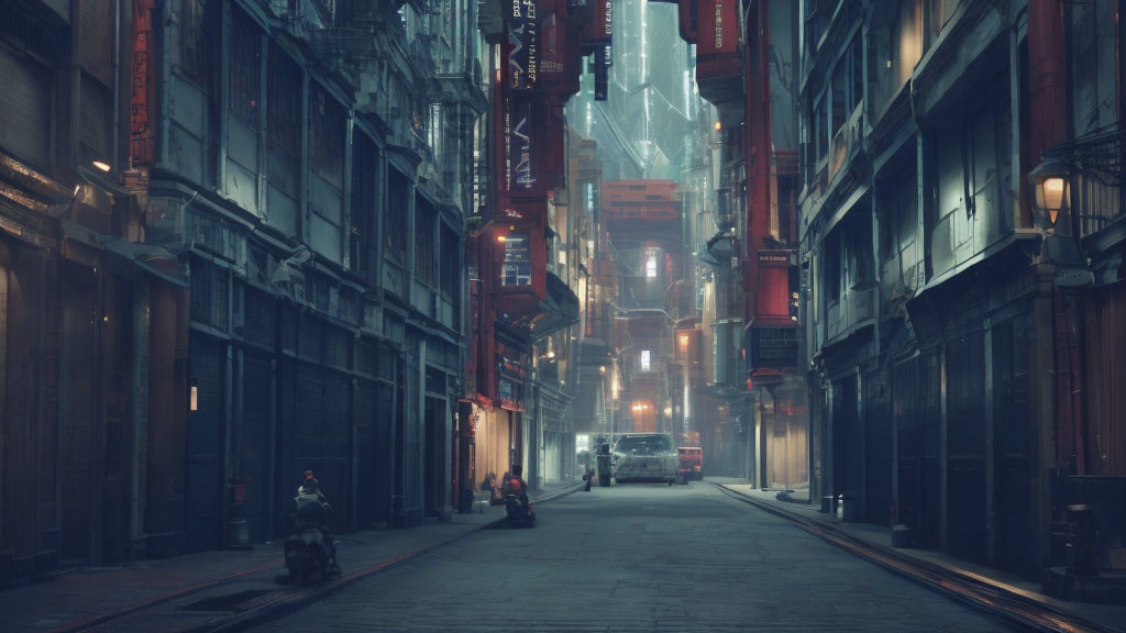 Futuristic urban alley with neon lights and towering buildings