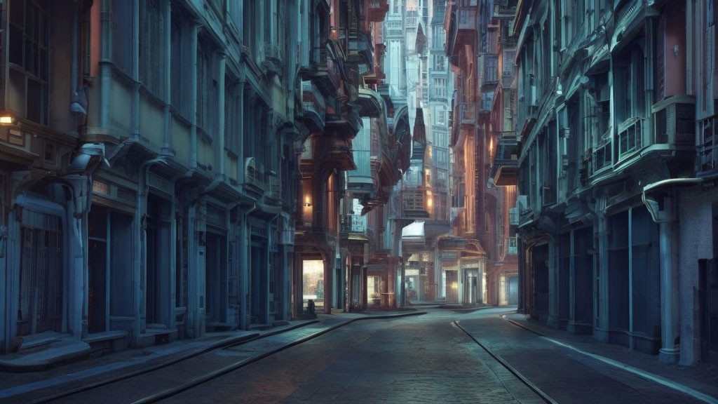 Vintage buildings and tram tracks in a deserted urban alley at dawn or dusk