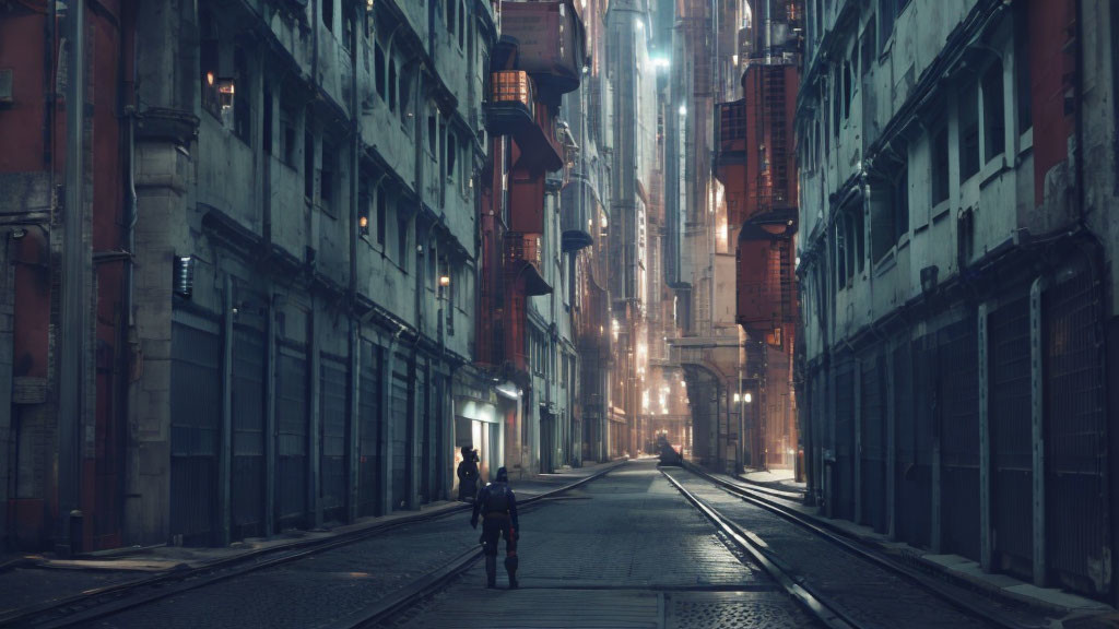 Solitary figure in futuristic urban alley at night