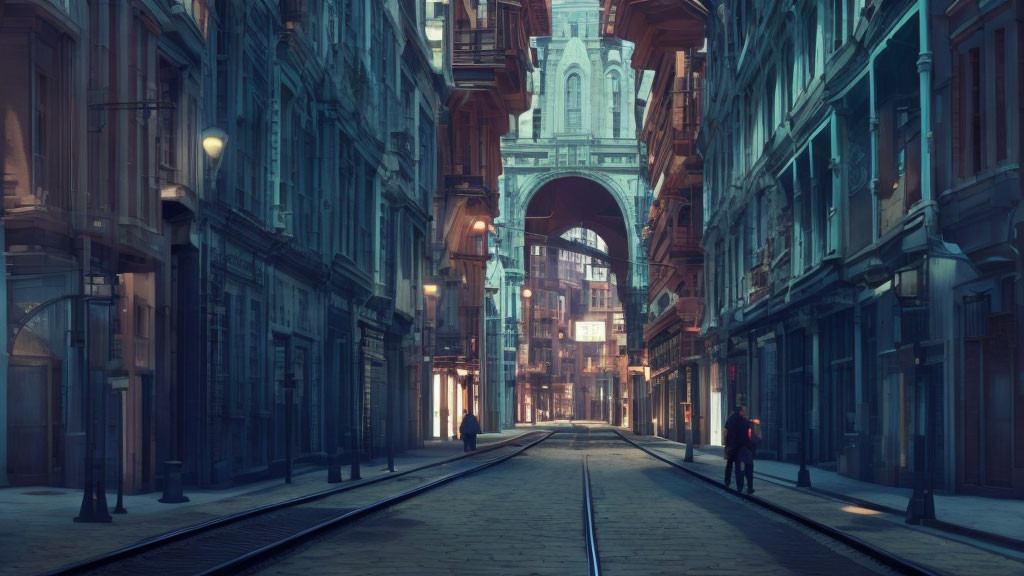 Vintage city street at dusk with tram tracks and historic buildings